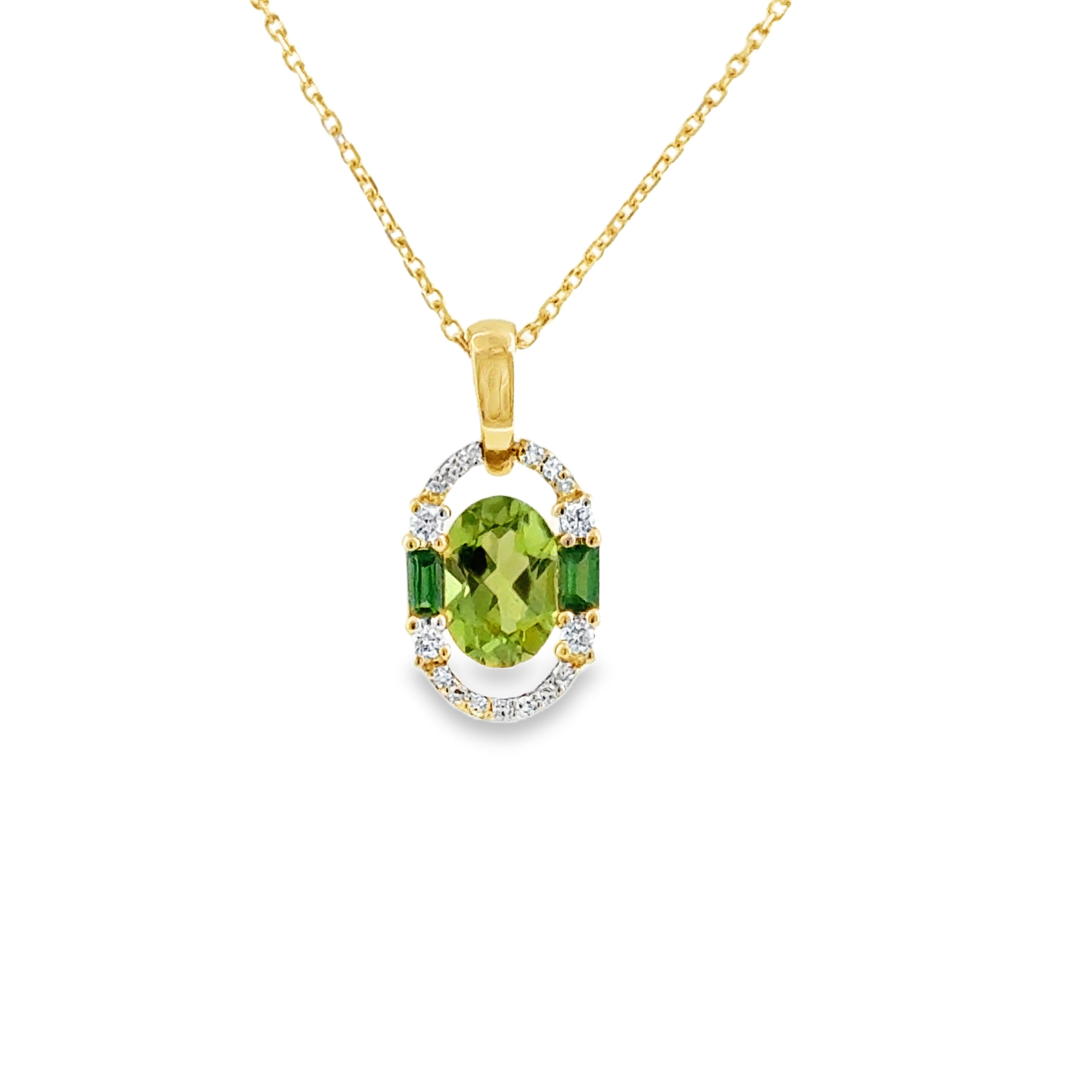 14 Karat Yellow Gold Modern Halo Pendant with .83ct Oval Peridot and .12ctw Tsavorites, .08ctw Round Diamonds