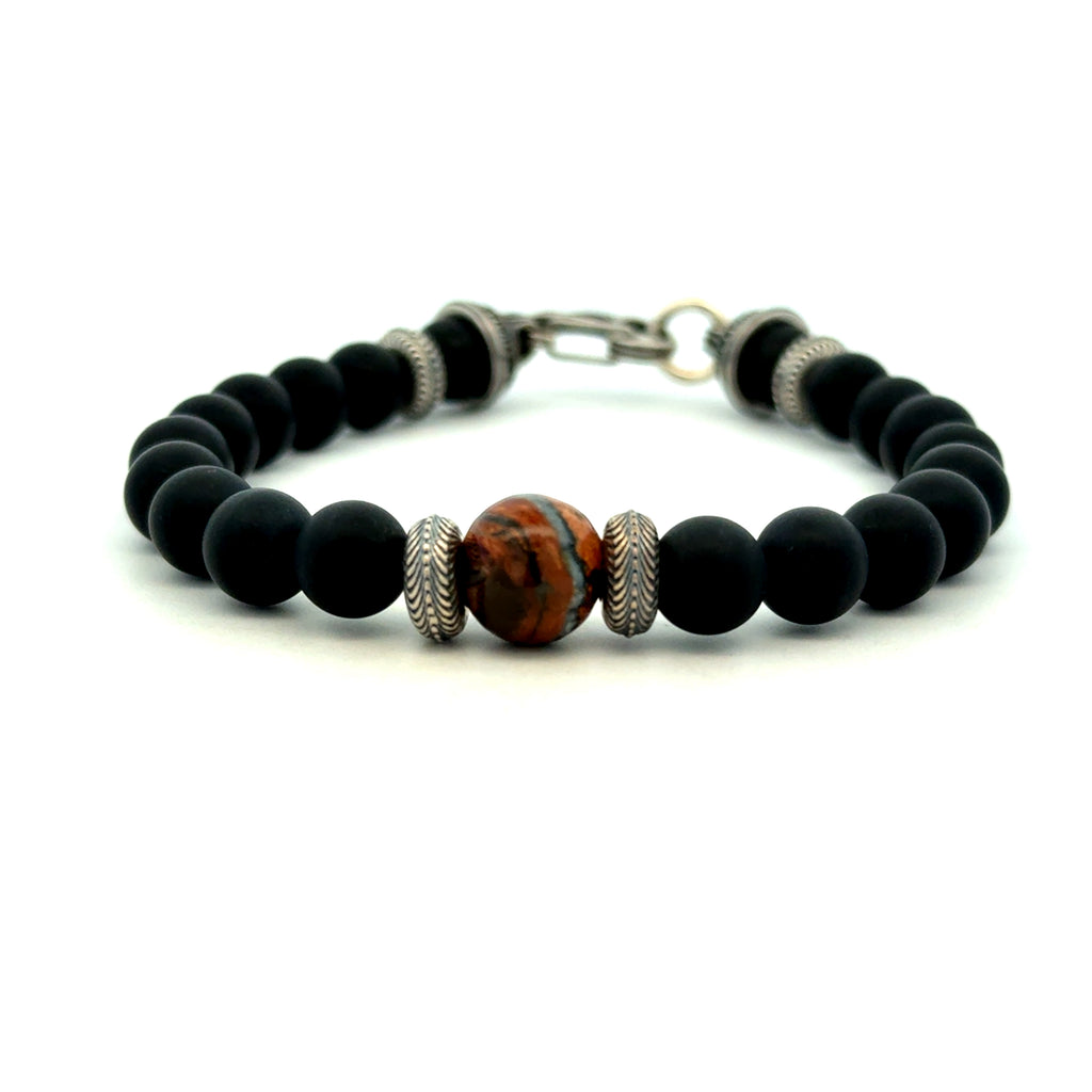 Beaded Fossil Mammoth Tooth And Black Onyx Bracelet | 925 Sterling Silver
