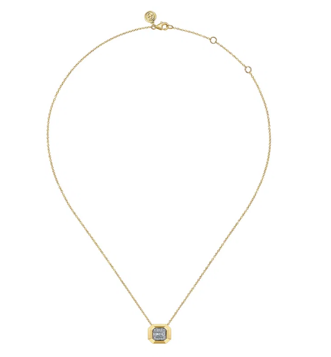 14K Yellow Gold Geometric Baguette and Round Diamond Pendant Necklace, Contemporary Collection