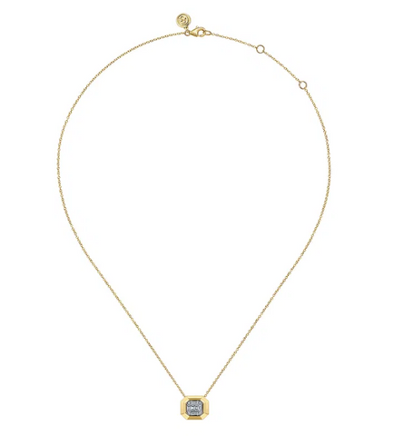 14K Yellow Gold Geometric Baguette and Round Diamond Pendant Necklace, Contemporary Collection