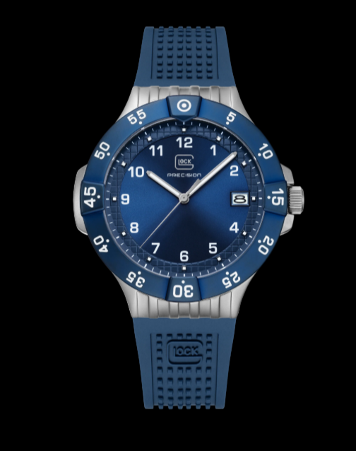 Housed in a sandblasted silver-toned stainless steel case, its deep bl